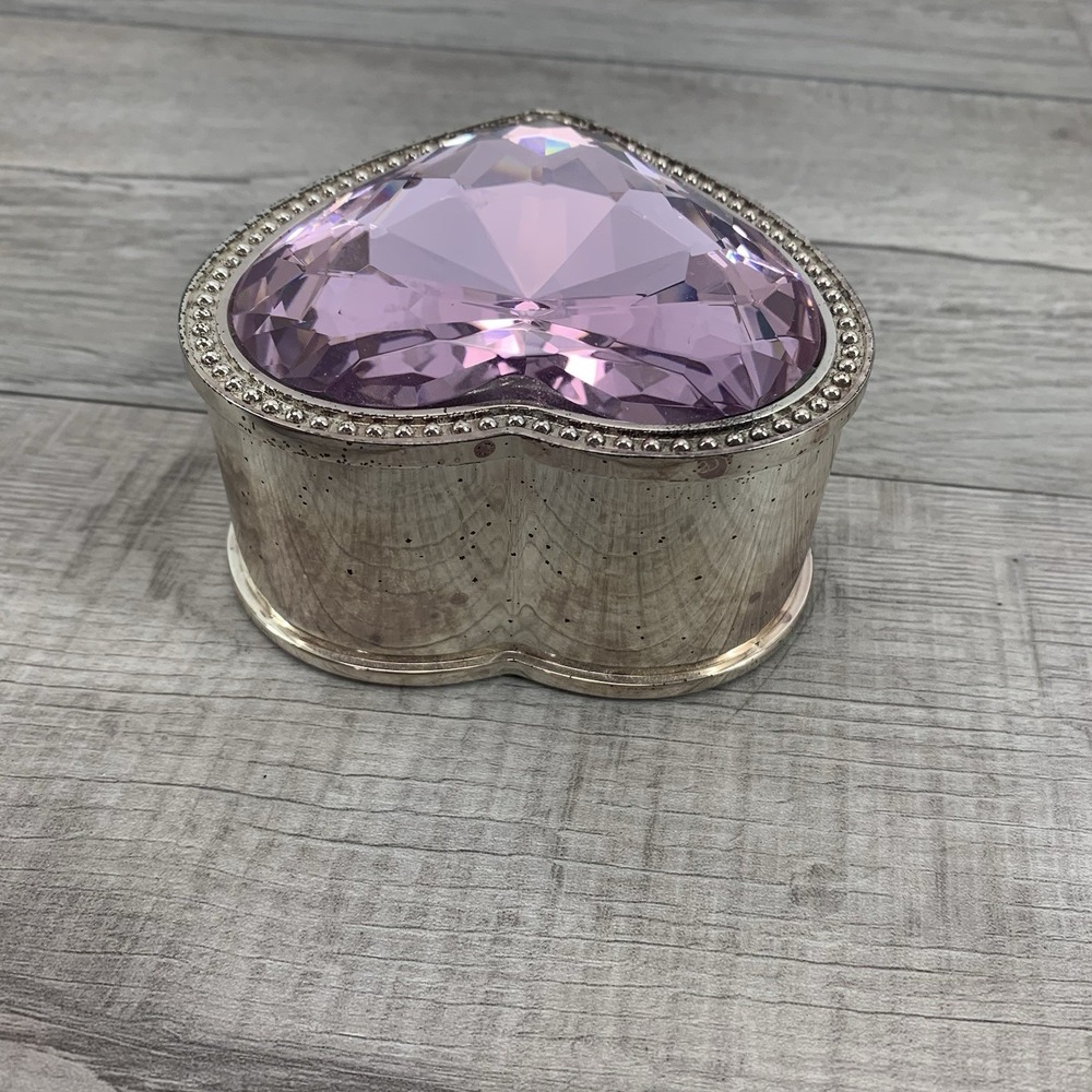 Vintage Round Pink Heart Faceted Glass Silver Tone Jewelry/Trinket Box - Picture 6 of 8